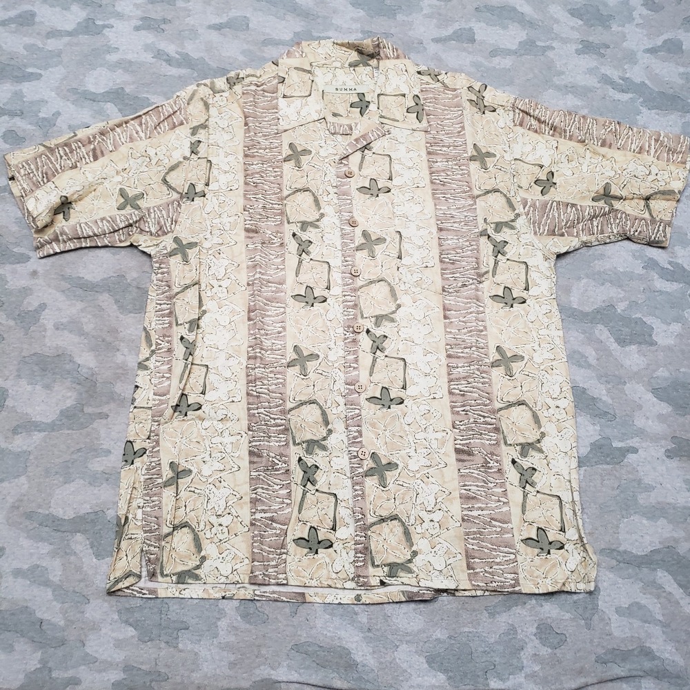 Summa Hawaiian Shirt Mens Medium Tan Short Sleeve Button-Up Vacation Beach
